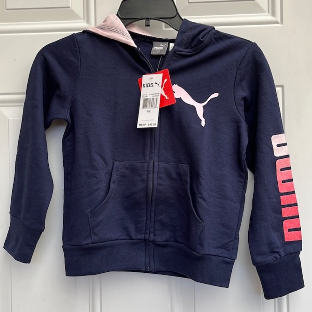 Girls Puma Light weight Jacket with attached hoodie. Pink Puma, Size S (7)